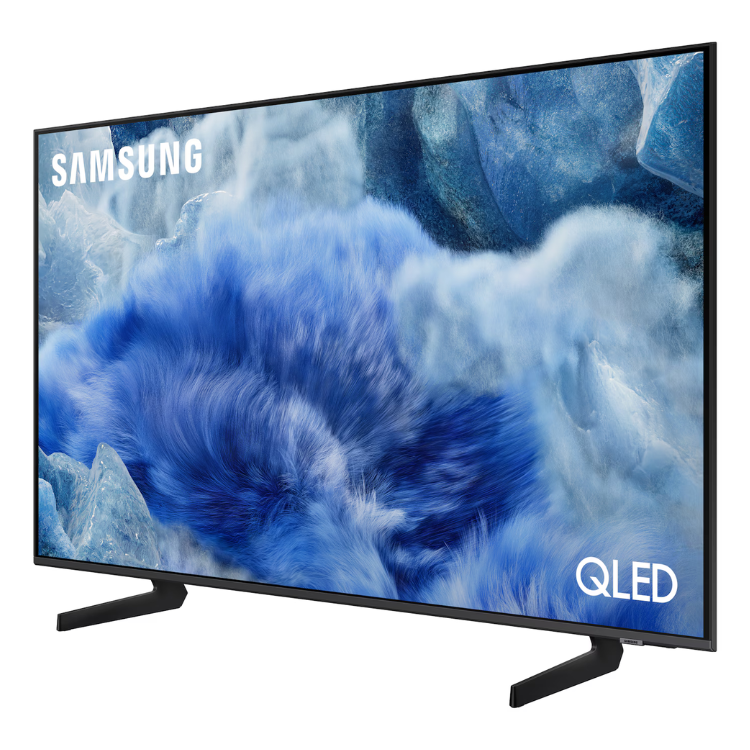 Televisão Samsung QLED 4K, 65 polegadas, com imagem de ecrã azul e rochas.