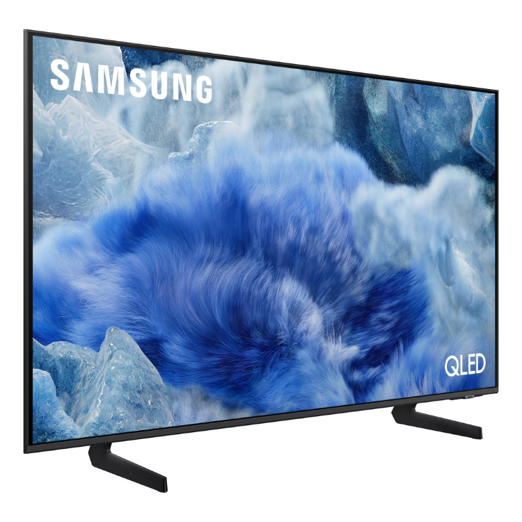 Televisão Samsung QLED 4K, 65 polegadas, com imagem de ecrã azul e gelo, marca Samsung e logótipo QLED.