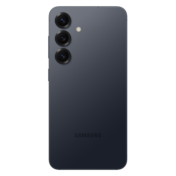 Samsung Galaxy S25, smartphone azul escuro, 3 câmeras traseiras, marca Samsung na parte inferior.