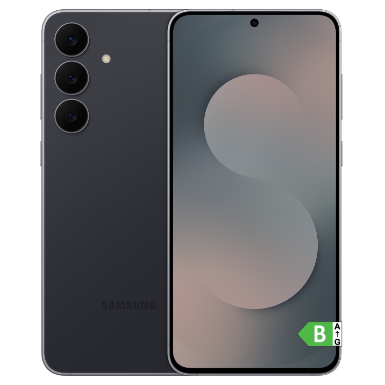 Samsung Galaxy S25 FE 5G preto, lado de trás e frente, câmaras triplas.