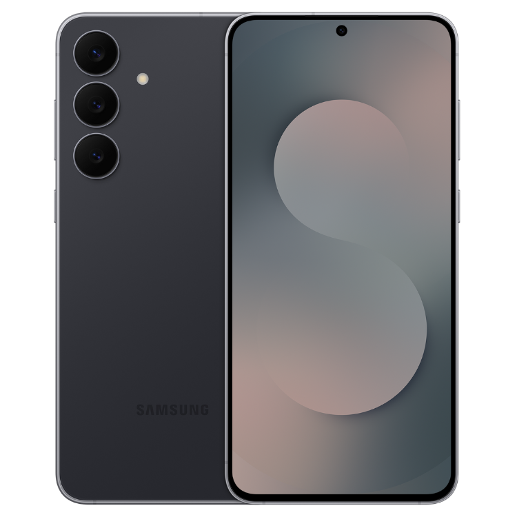 Samsung Galaxy S25 FE 5G preto, vista frontal e traseira com três câmeras.