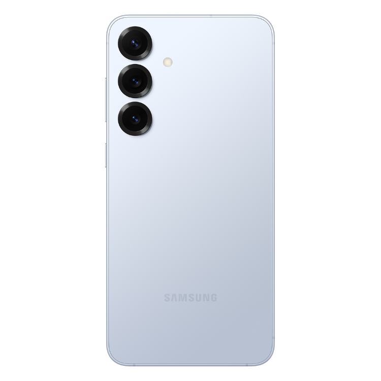 Samsung Galaxy S25 5G, azul gelo, três câmeras traseiras, marca Samsung na parte inferior.
