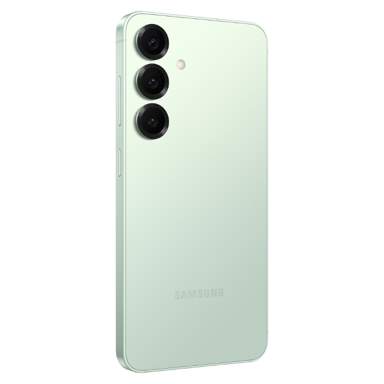 Samsung Galaxy S25, verde menta, 3 câmeras traseiras, logotipo SAMSUNG