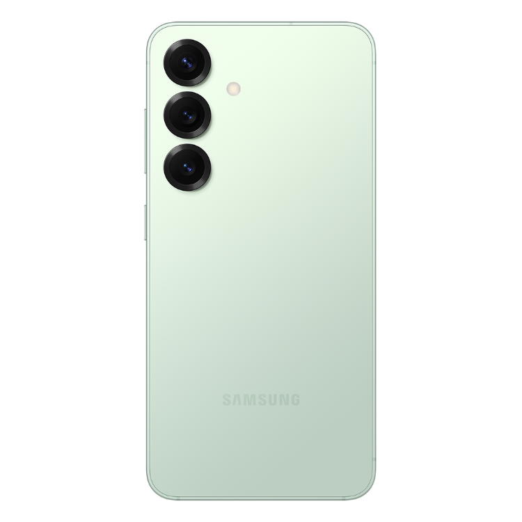 Samsung Galaxy S25, verde menta, três câmaras traseiras, logotipo SAMSUNG.