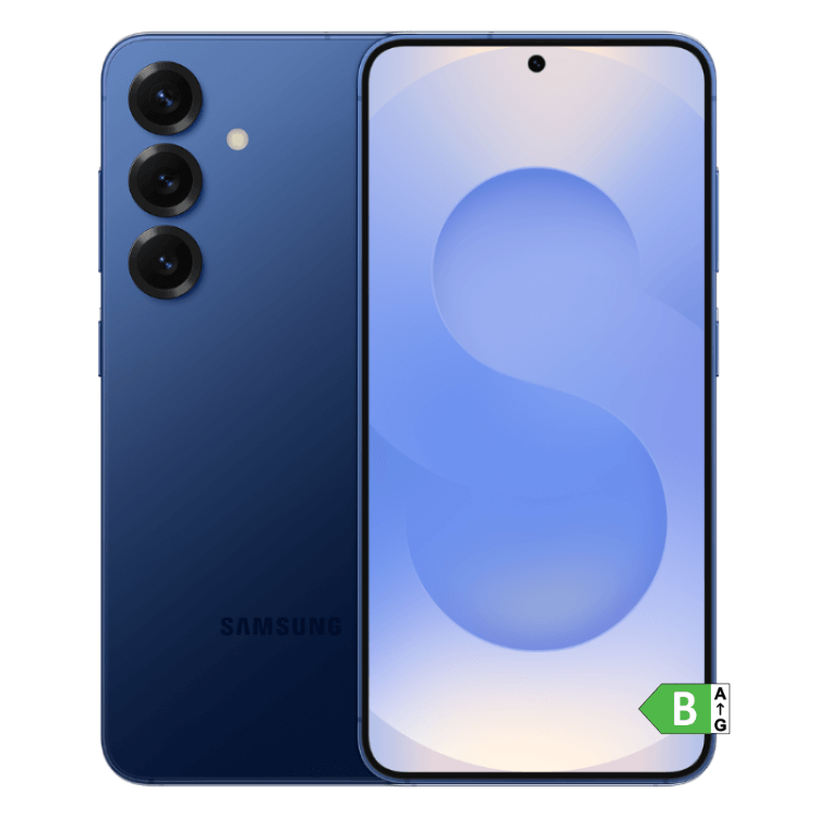 Samsung Galaxy S25+ S936 5G 12GB/256GB Dual Sim, azul marinho, com três câmeras na parte traseira e tela azul.