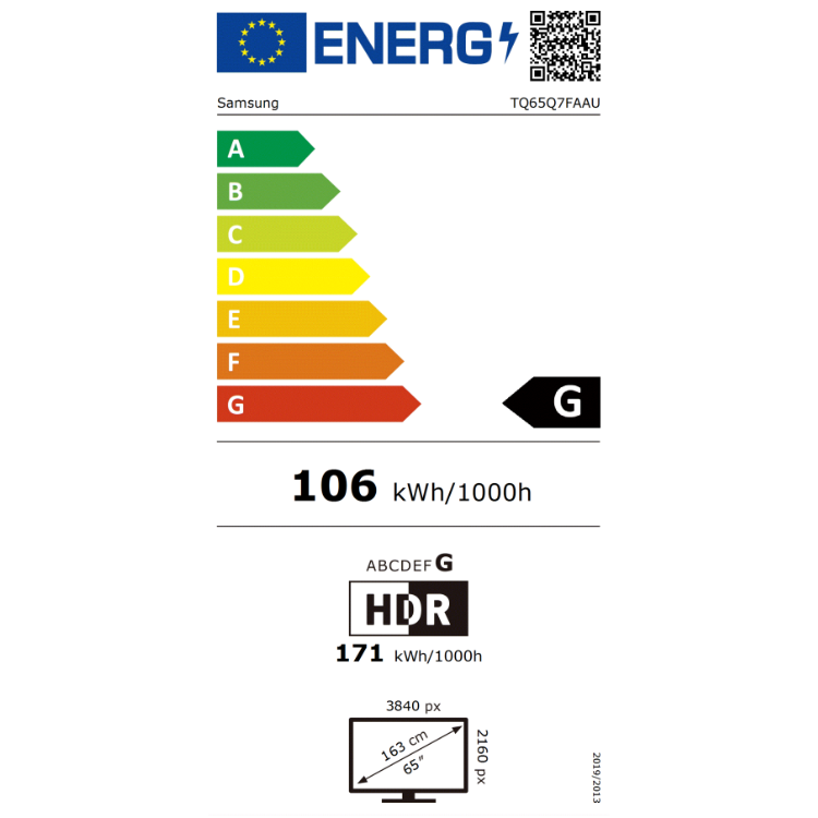Etiqueta energética da televisão Samsung, eficiência G, 106 kWh/1000h.