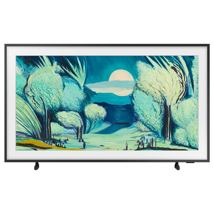 TV Samsung The Frame 55" QLED 4K, com moldura, a exibir paisagem noturna com árvores e pessoas.