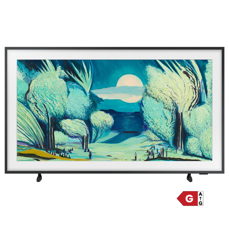 TV Samsung The Frame 55" QLED 4K com moldura preta e pintura de paisagem natural.