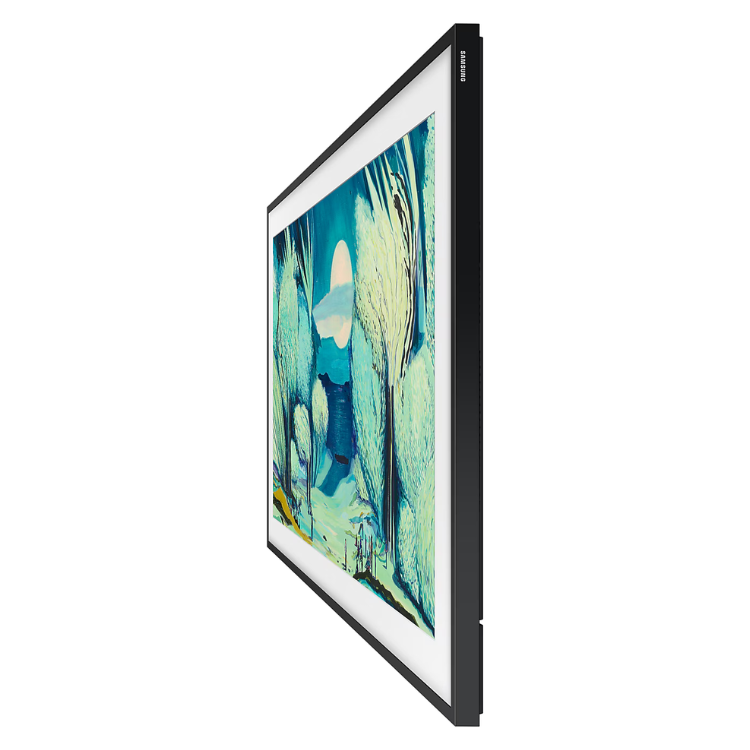 TV Samsung The Frame LS03F 55" QLED 4K preta com moldura branca e pintura abstrata em azul e verde.