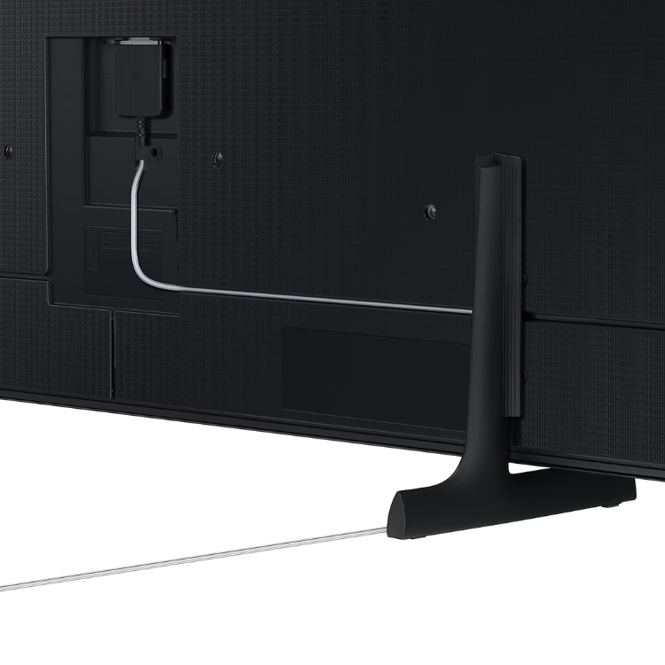 Base e parte de trás da televisão Samsung The Frame LS03F, com cabo e suporte.