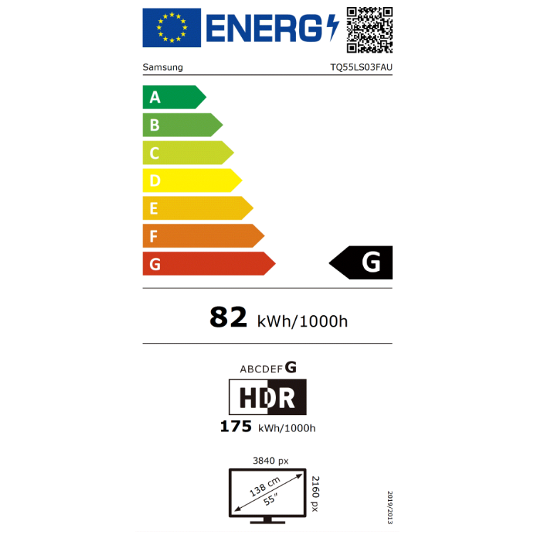 Etiqueta energética da televisão Samsung com classificação G, 82 kWh/1000h.