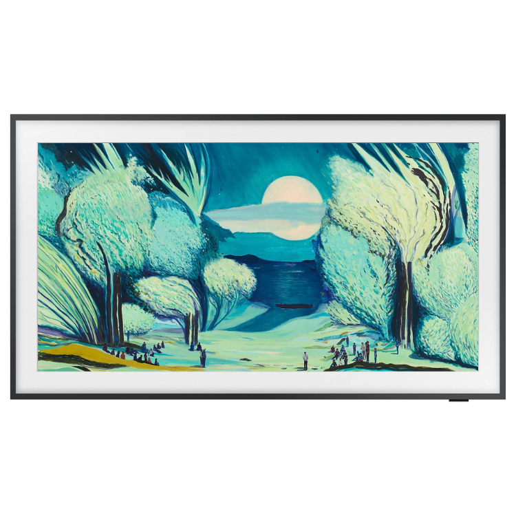 TV Samsung The Frame 55" QLED 4K, enquadrada, com pintura de cenário natural em tons de azul e verde.
