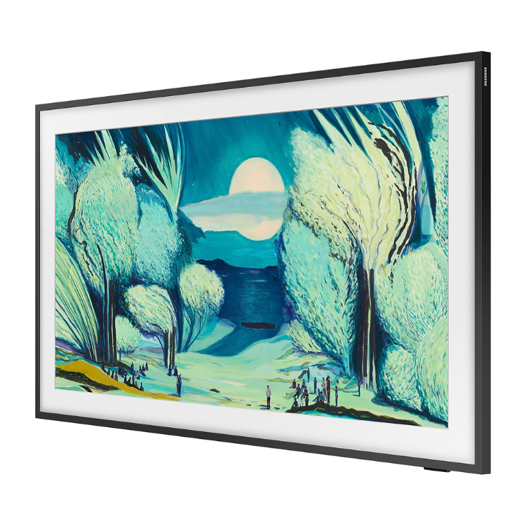 TV Samsung The Frame 55" QLED 4K, com moldura preta e imagem de paisagem noturna com árvores e lua.