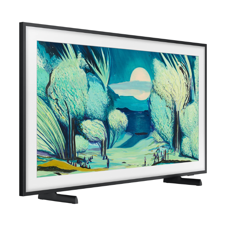 TV Samsung The Frame 55" QLED 4K, com moldura preta e imagem de paisagem natural em tons de azul e verde.