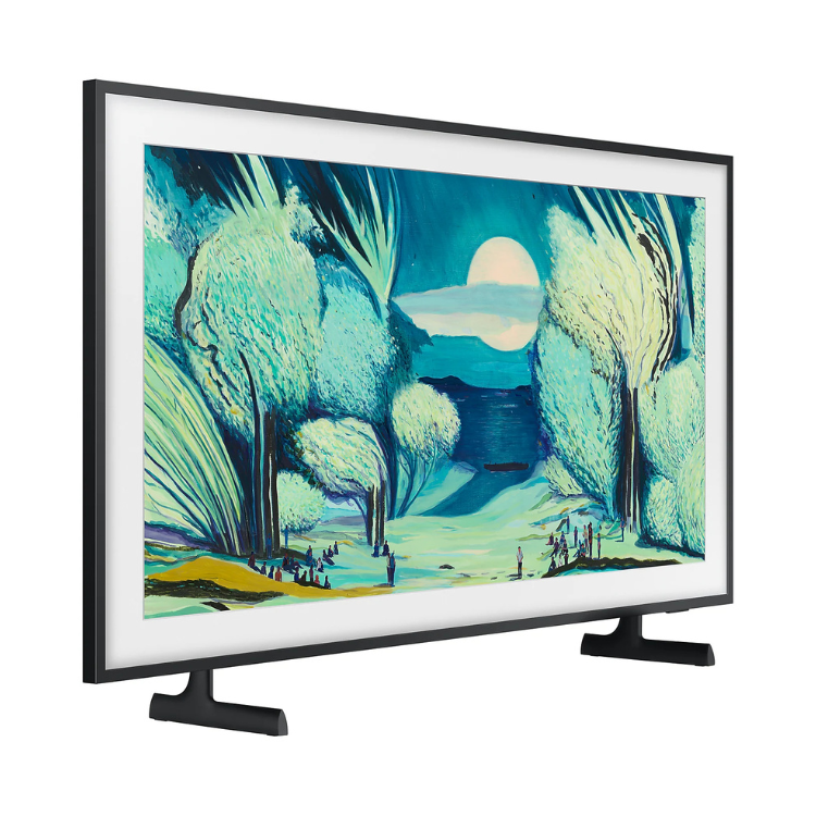 TV Samsung The Frame 55" QLED 4K, com moldura preta e imagem de paisagem natural em tons de azul e verde.