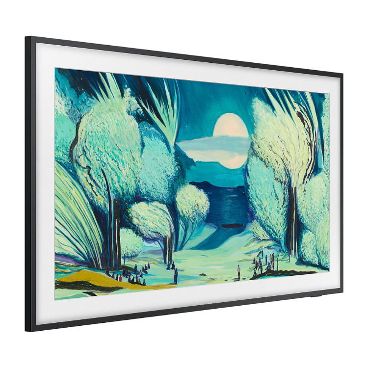 TV Samsung The Frame 55" QLED 4K com moldura preta, exibindo paisagem noturna com árvores e lua.