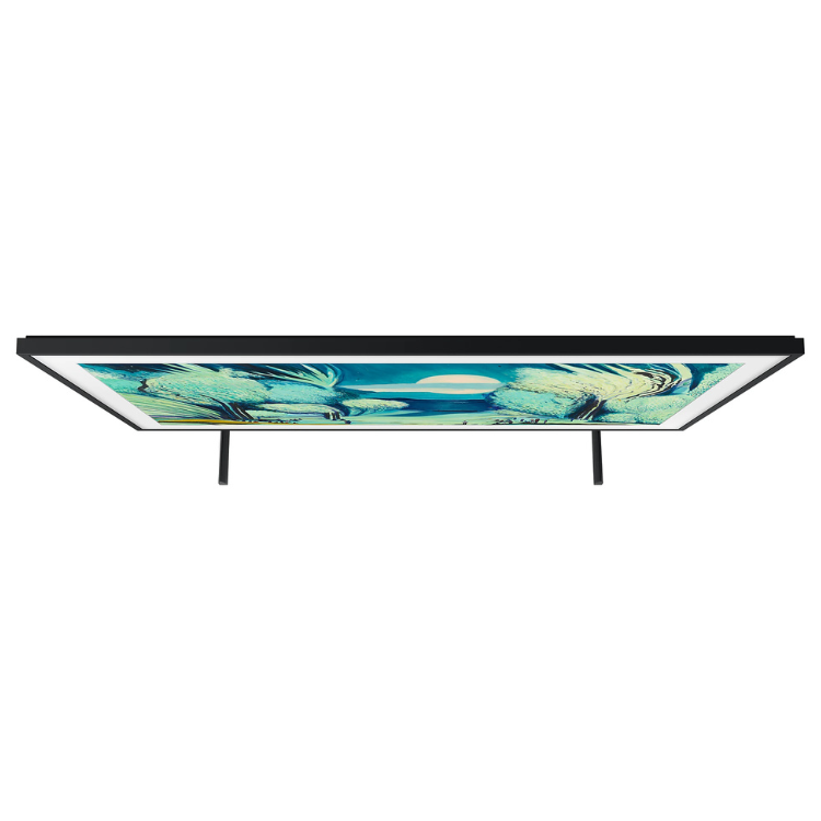 Televisão Samsung The Frame LS03F, 55", QLED 4K, ecrã ligado com padrões abstratos em tons de azul e verde.