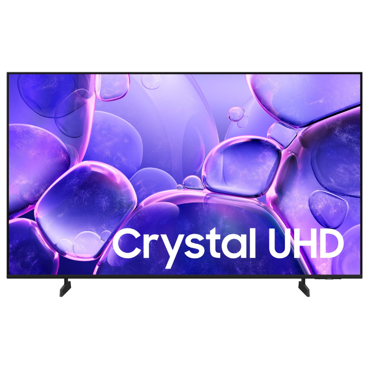 TV Samsung Crystal U8005F 55" 4K UHD LED preto com imagem de bolhas roxas e texto Crystal UHD