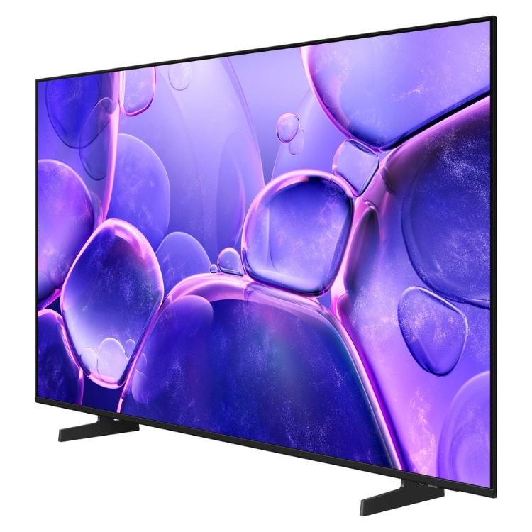 TV Samsung Crystal U8005F 55" 4K LED Smart TV com imagem de bolhas roxas e roxas claras em ecrã.