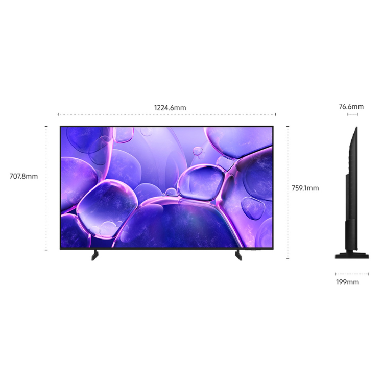 TV Samsung Crystal U8005F 55" 4K LED, ecrã com bolhas roxas, dimensões 1224,6x707,8mm, suporte incluído.