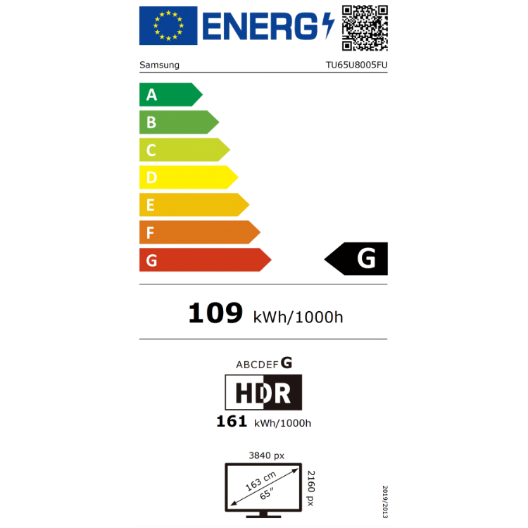 Etiqueta energética da televisão Samsung, 65 polegadas, classe G, 109 kWh/1000h.