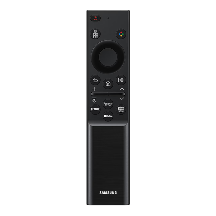 Controlo remoto preto da Samsung com vários botões e logotipo.