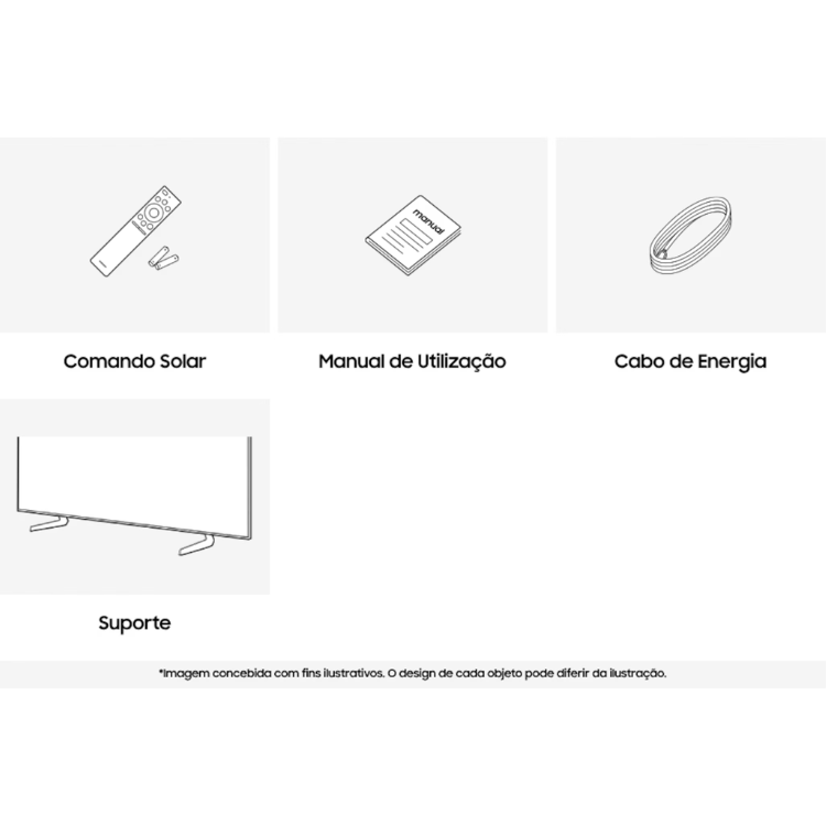 TV Samsung 43" 4K LED Smart, com acessórios: comando solar, manual, cabo de energia e suporte.