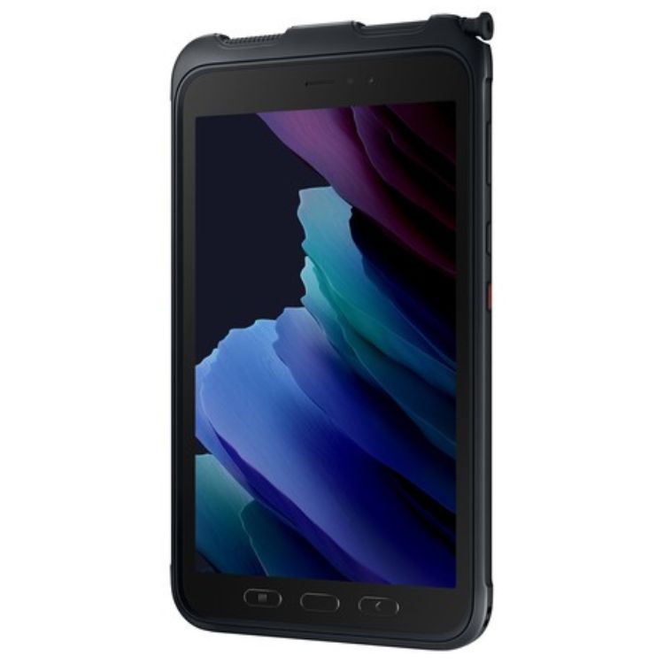 Tablet Samsung Galaxy Tab Active 3 cinzento com ecrã de 8.0 polegadas e imagem de fundo colorida.