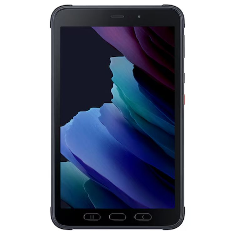 Tablet Samsung Galaxy Tab Active 3 cinzento com ecrã de 8.0 polegadas e imagem de fundo colorida.