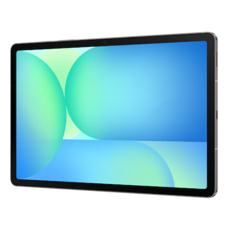 Tablet Samsung Tab S10 FE+ cinzento, ecrã 13.1 polegadas, ligado.