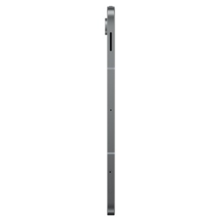 Tablet Samsung Tab S10 FE+ cinzento, lado direito com câmara e entradas.