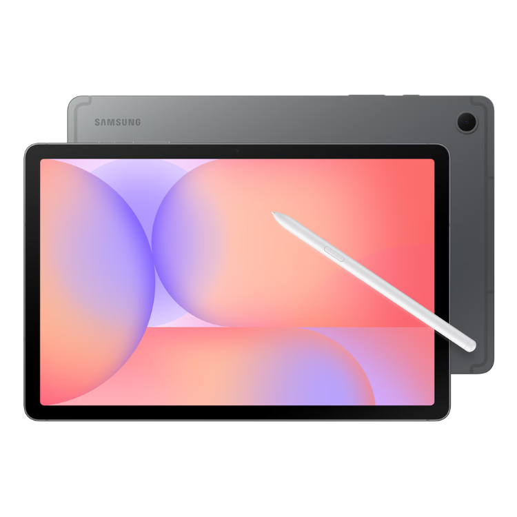 Tablet Samsung Galaxy Tab S10 Lite cinzento com caneta stylus sobre o ecrã colorido.