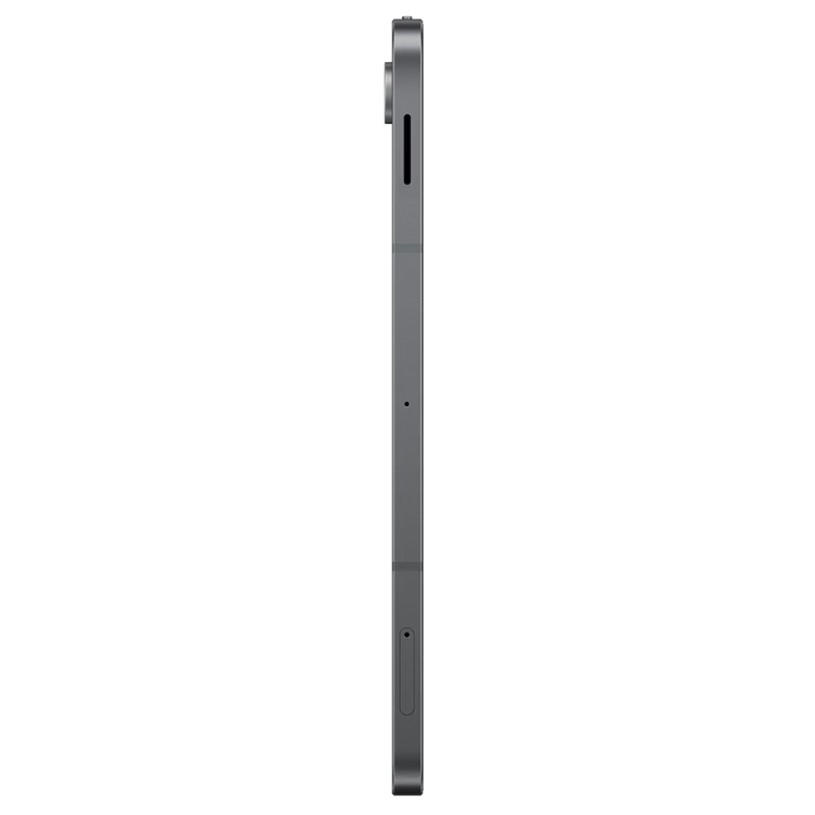 Tablet Samsung Galaxy Tab S10 Lite cinzento 5G, lado direito com câmaras e entradas.