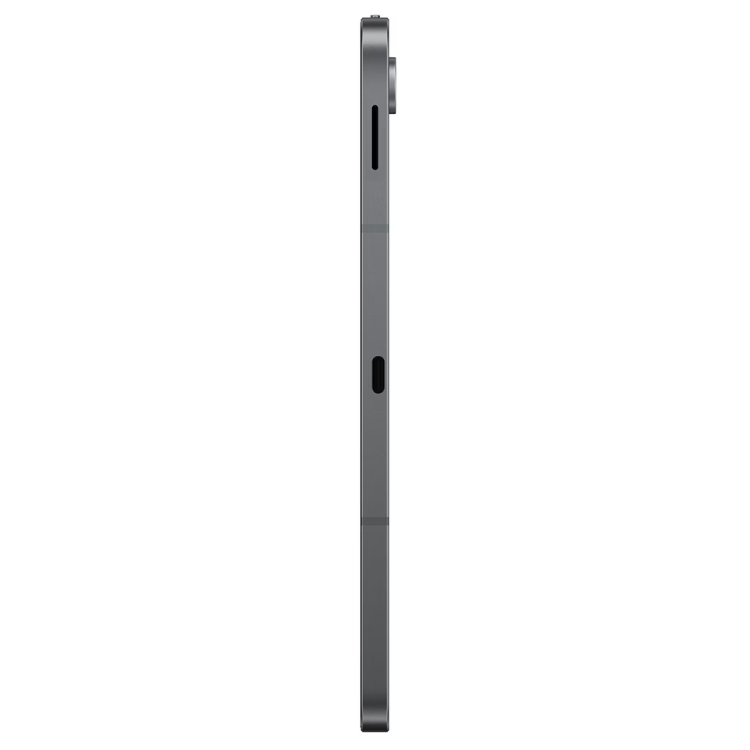 Tablet Samsung Galaxy Tab S10 Lite cinzento, lado direito com câmaras e aberturas para cartões.