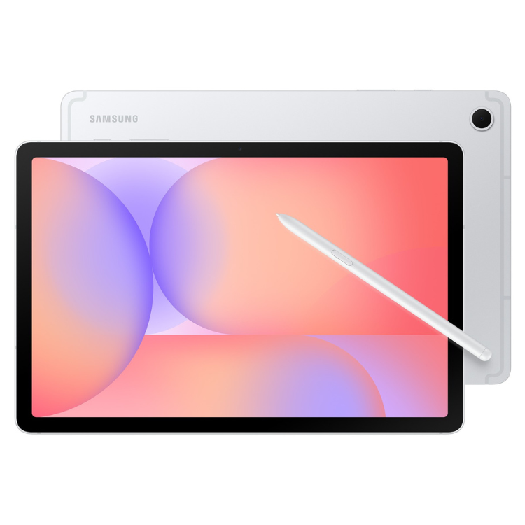Tablet Samsung Galaxy Tab S10 Lite prateado com caneta S Pen sobre o ecrã colorido.