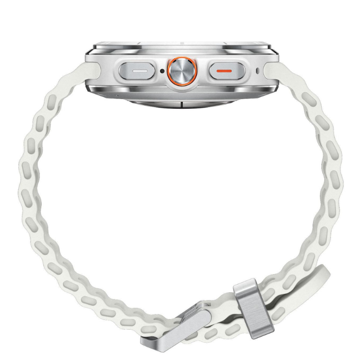 Smartwatch Samsung Galaxy Watch Ultra 2025, 47mm, branco titânio, pulseira branca, detalhes laranja.