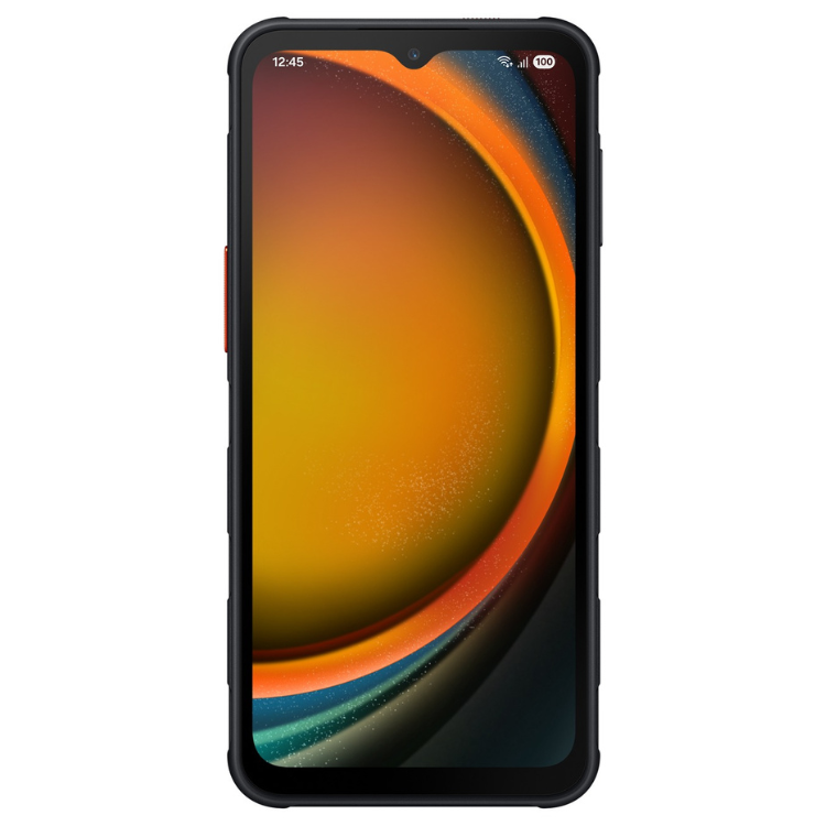 Smartphone Samsung Galaxy XCover 7 Pro 5G preto, ecrã ligado com imagem de fundo vibrante.
