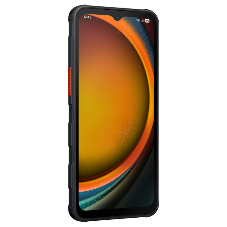 Smartphone Samsung Galaxy XCover 7 Pro 5G preto, ecrã de 6.6 polegadas com imagem de fundo vibrante, 6GB/128GB, pronto para utilização profissional.