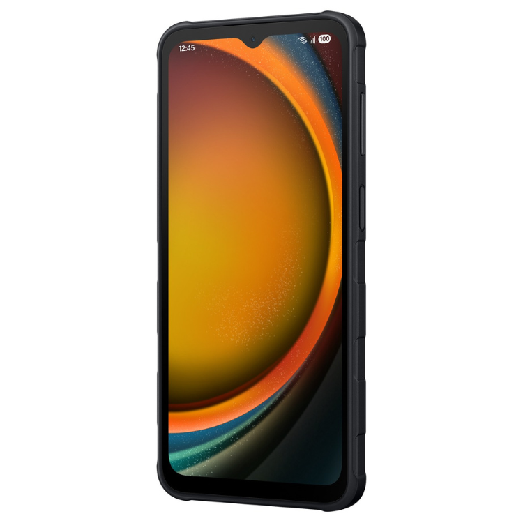 Smartphone Samsung Galaxy XCover 7 Pro 5G preto, ecrã de 6.6 polegadas com imagem de fundo vibrante.
