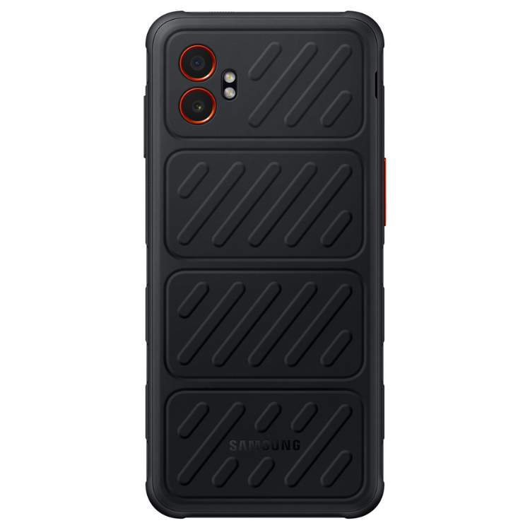 Smartphone Samsung Galaxy XCover 7 Pro 5G preto, com câmaras duplas e detalhes em laranja, logotipo Samsung na parte inferior.