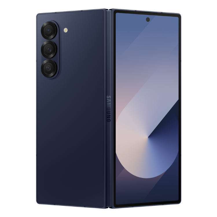 Samsung Galaxy Z Fold6 5G, azul escuro, smartphone dobrável com três câmaras.