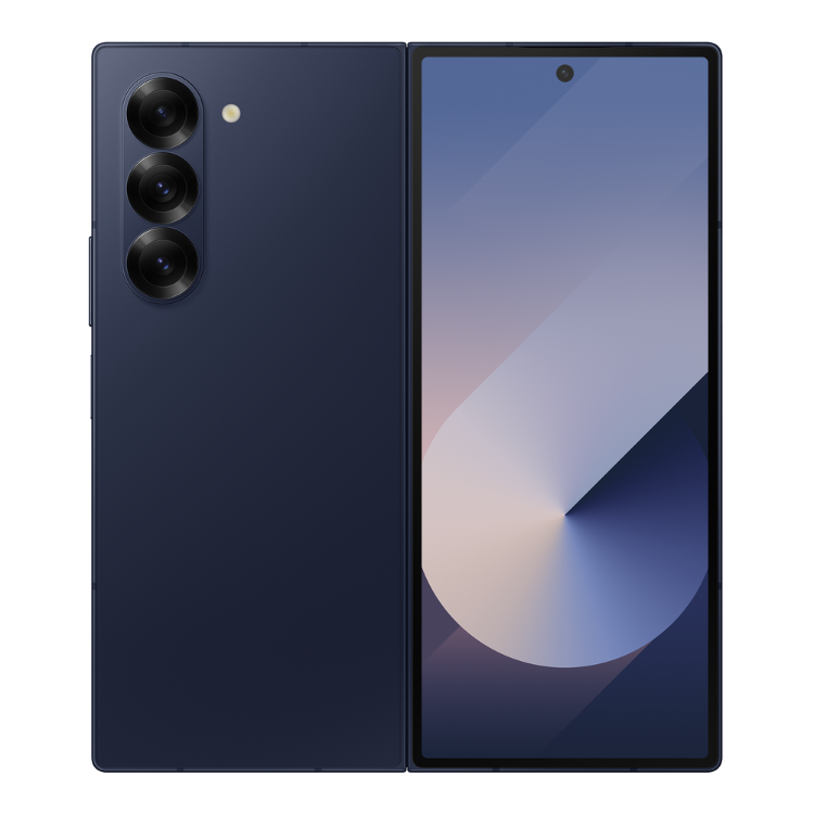 Samsung Galaxy Z Fold6 5G, azul escuro, smartphone dobrável com três câmaras e ecrã grande.