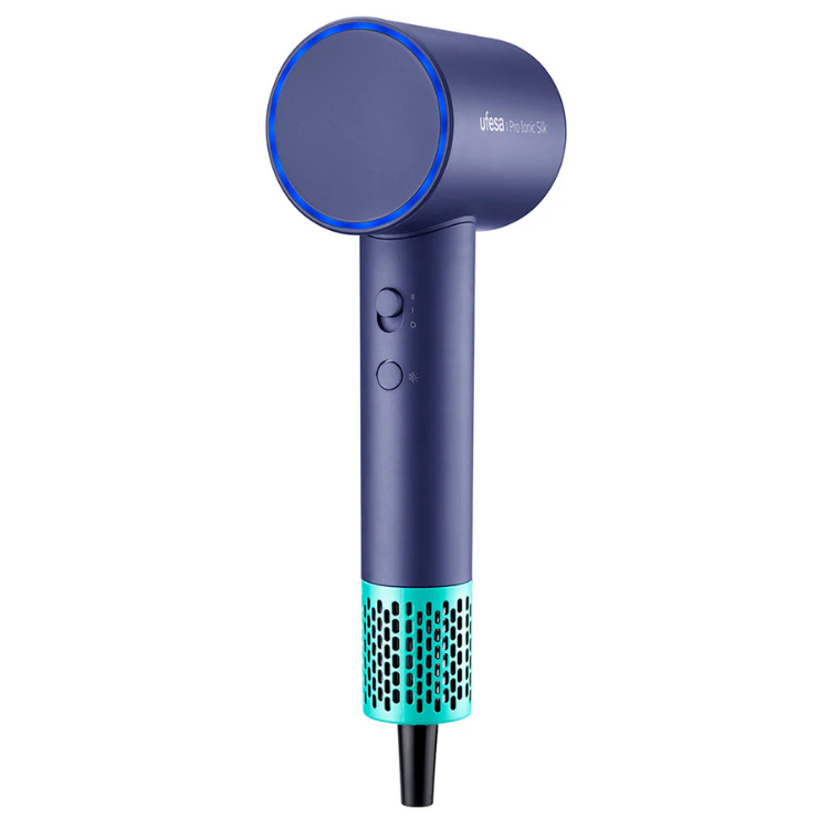 Ufesa Pro Ionic Silk purple hair dryer with blue accents.