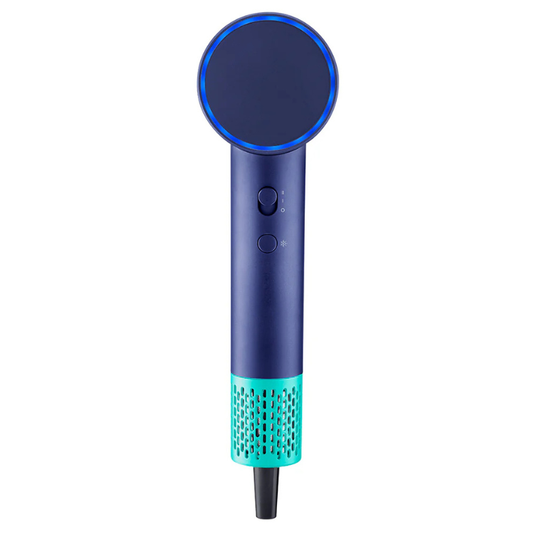 Ufesa purple hair dryer with blue accents and ionic technology.
