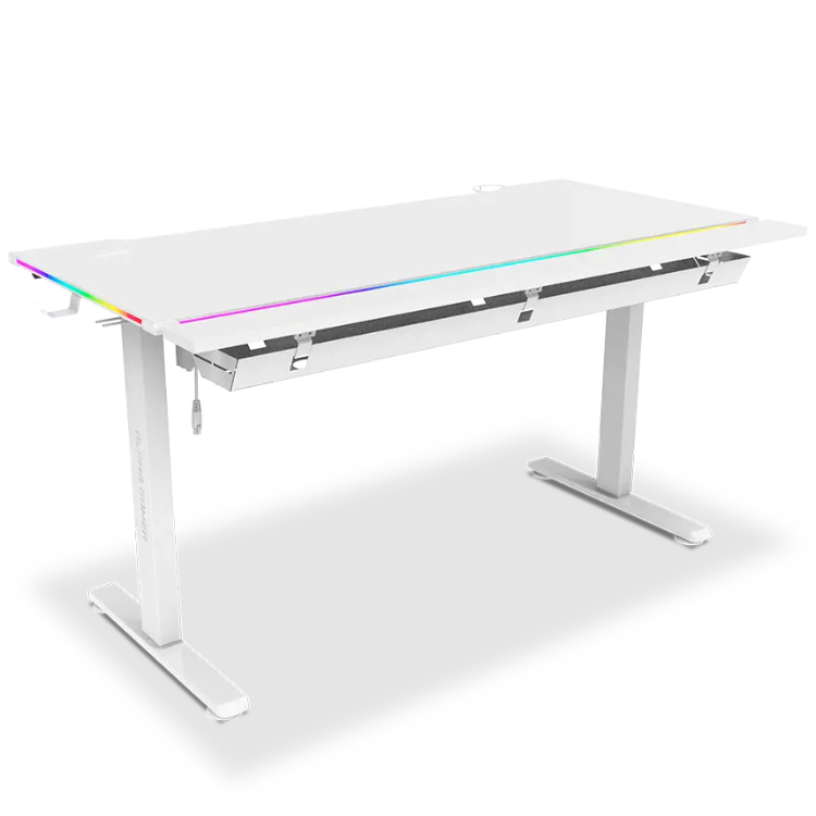 White electric gaming desk with RGB rainbow lighting, 140cm, adjustable height.