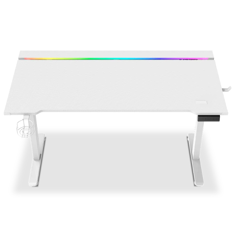 White electric gaming desk with RGB rainbow light strip, 140cm, Alpha Gamer Zorya brand.