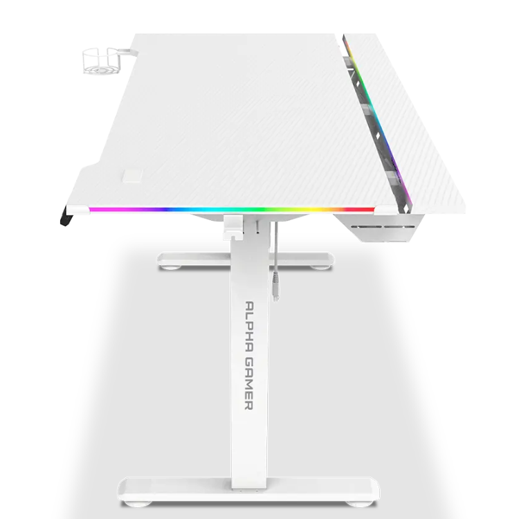 White electric gaming desk with RGB lights, Alpha Gamer branding, 140cm wide.