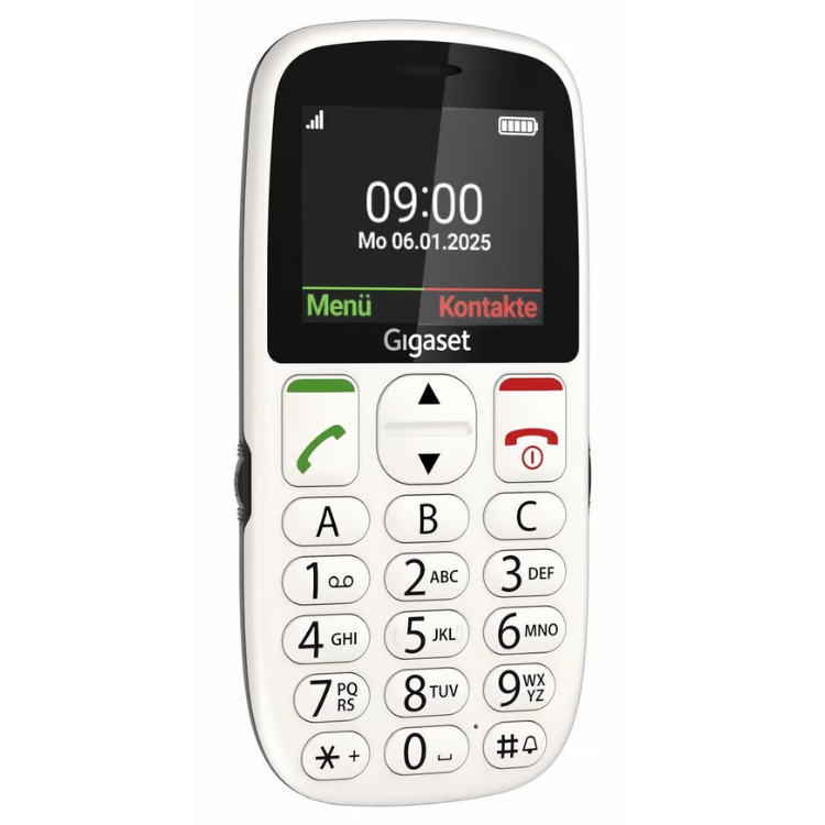 Telemóvel Gigaset GL395 branco com ecrã e teclado grande.
