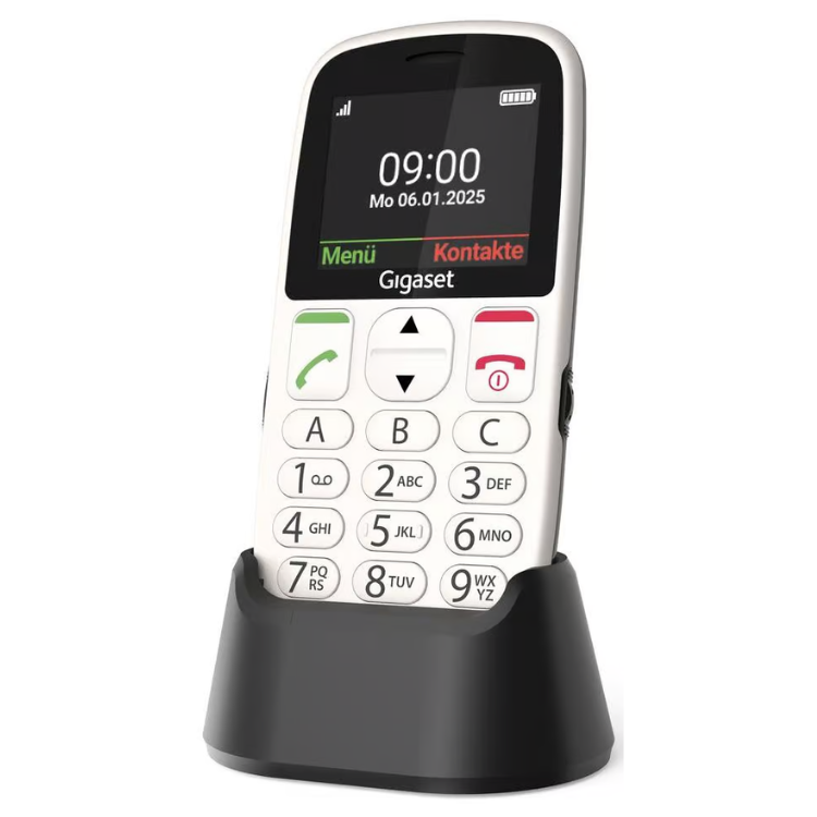 Telemóvel Gigaset GL395 branco com teclas grandes e ecrã.