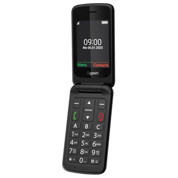 Telemóvel sénior Gigaset GL595 preto, com ecrã e teclado.
